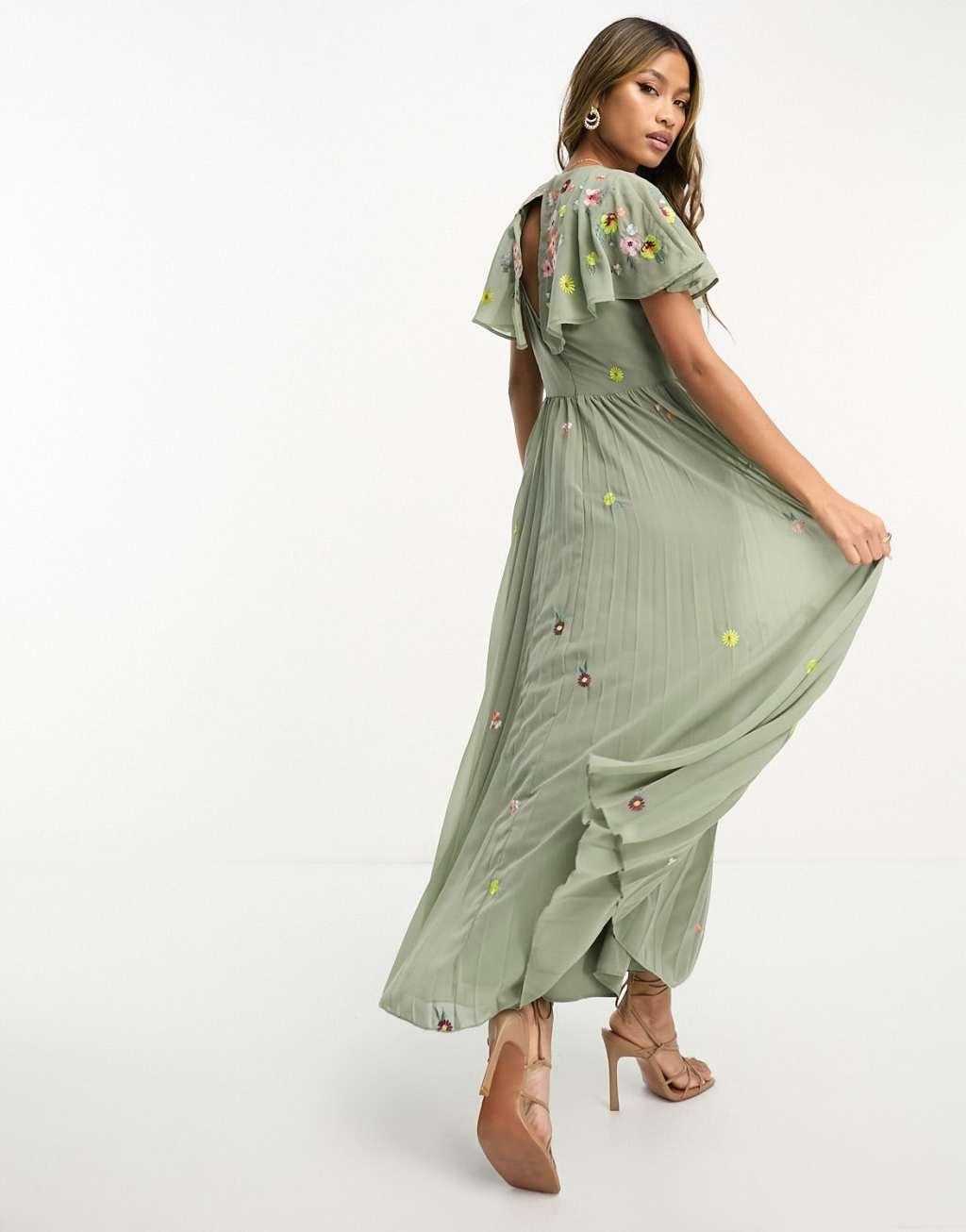 ASOS DESIGN v-neck angel sleeve pleat midi dress with all over embroidery in khaki Product Image