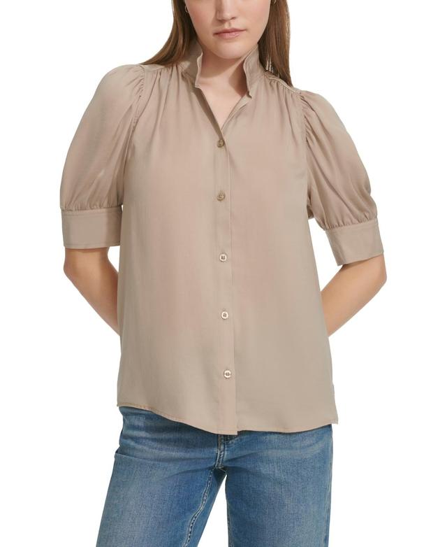 Calvin Klein Jeans Womens Charmeuse Puff-Sleeve Stand-Collar Top Product Image