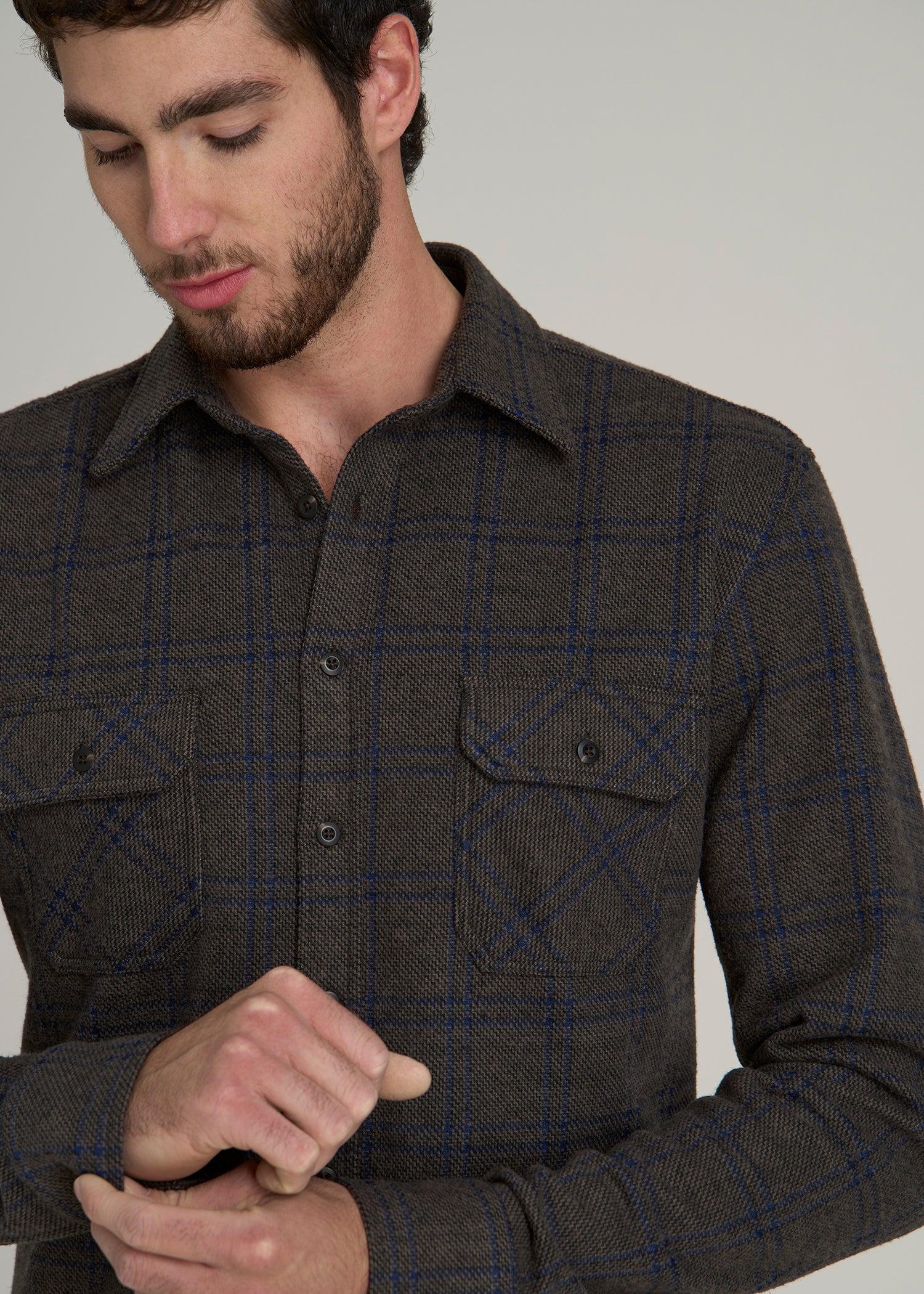 Stretch Flannel Button Tall Men's Shirt in Brown and Cobalt Grid Product Image