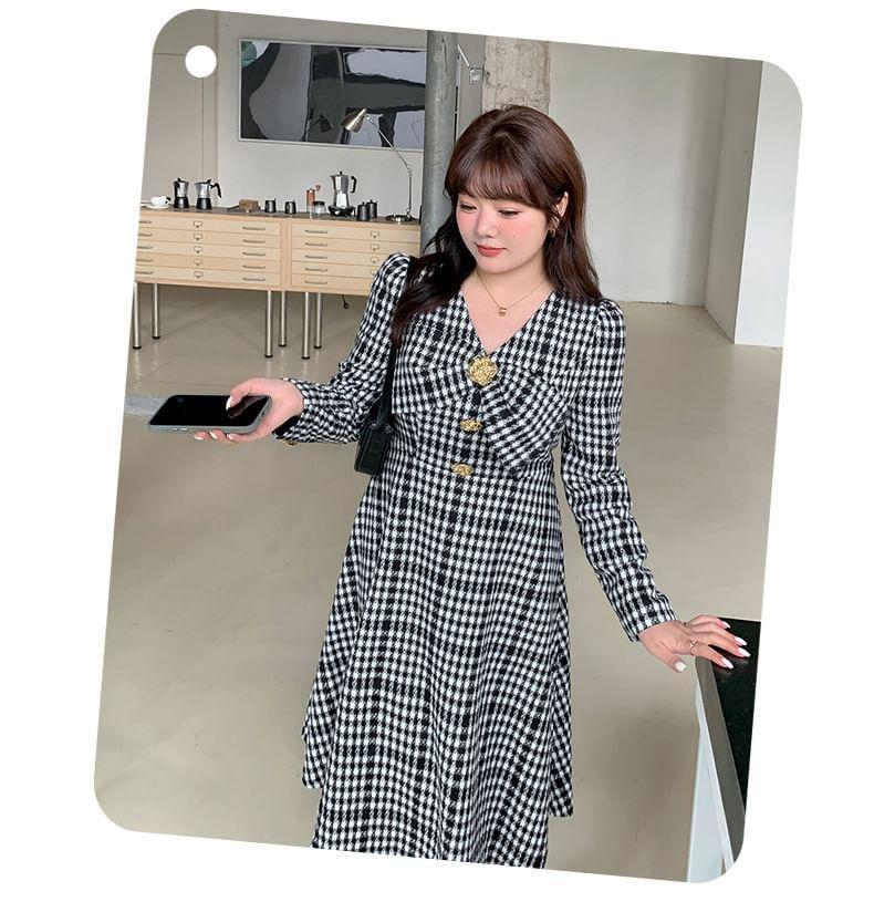 Plus Size Long-Sleeve V-Neck Plaid Bow Midi A-Line Dress Product Image