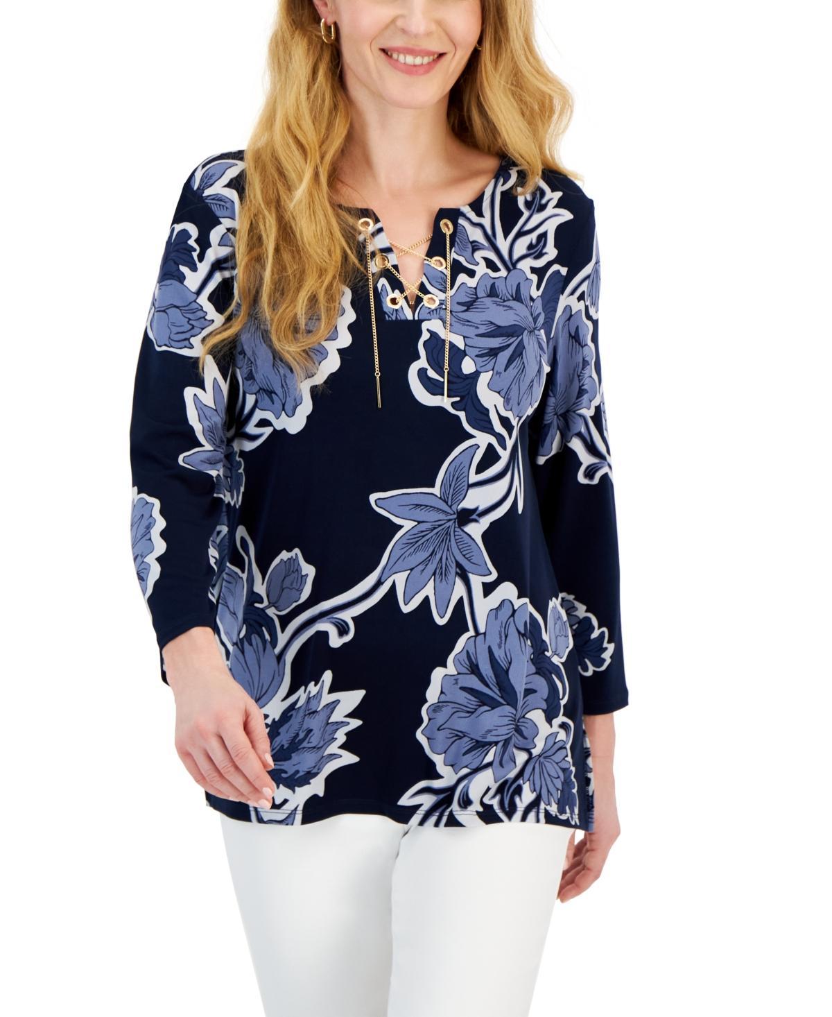 Women's 3/4 Sleeve Printed Chain Lace-Up Tunic, Created for Macy's  Product Image