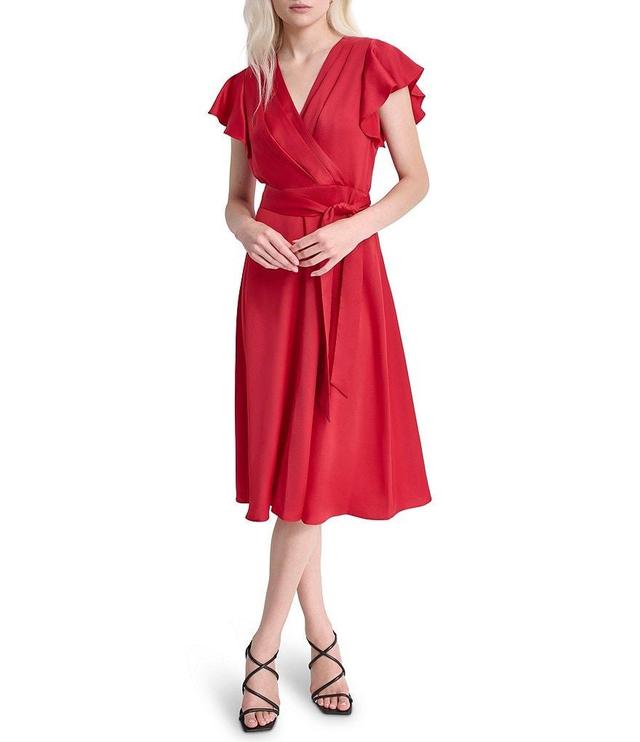 DKNY by Donna Karan V-Neck Flutter Sleeve Satin Crepe A-Line Dress Product Image