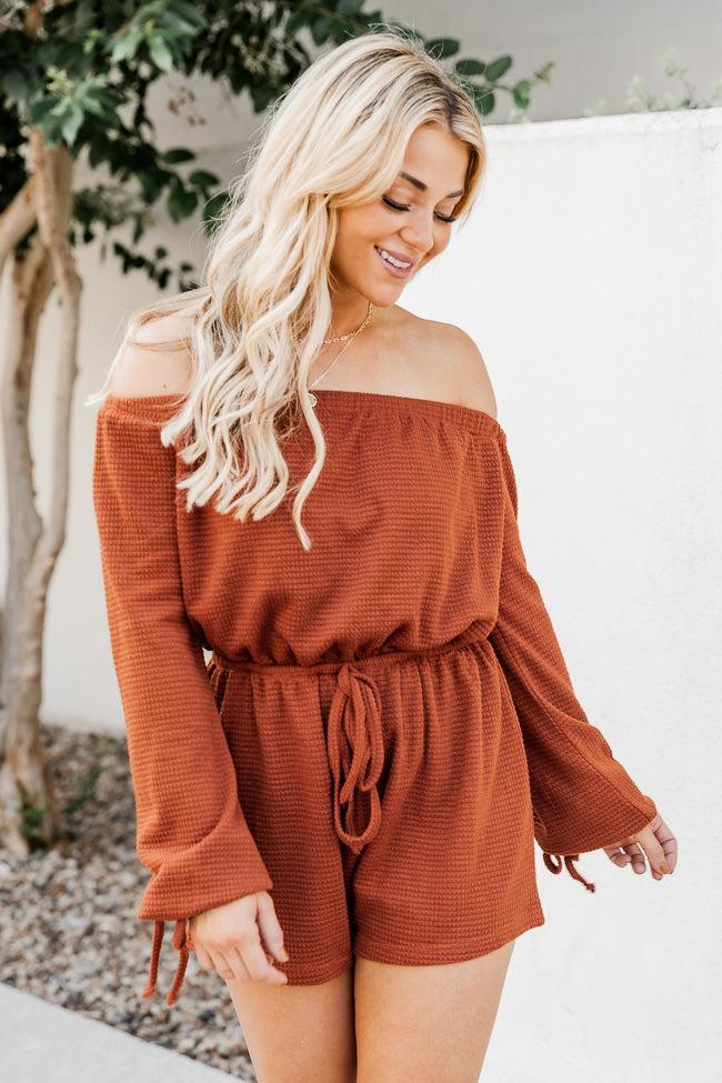 A Darling Day Rust Waffle Knit Off The Shoulder Romper FINAL SALE Product Image