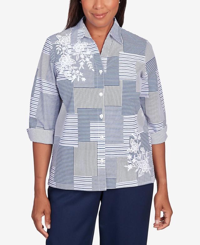 Alfred Dunner Womens A Fresh Start Embroidered Stripe Patch Button Down Top Product Image