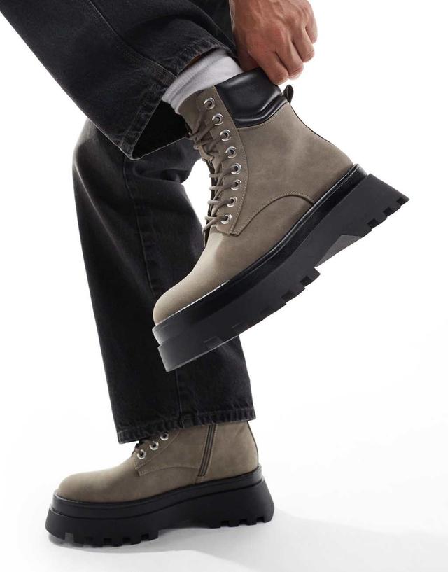 ASOS DESIGN lace up worker boots in gray with chunky sole Product Image