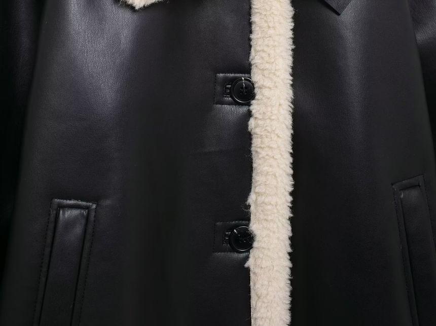 Stand Collar Faux Leather Fleece Trim Coat Product Image