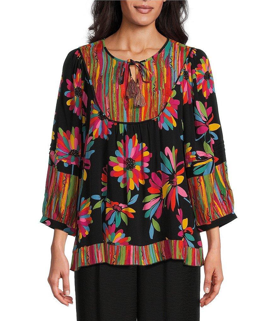 John Mark Floral Print Split-V Neck 3/4 Sleeve Top Product Image