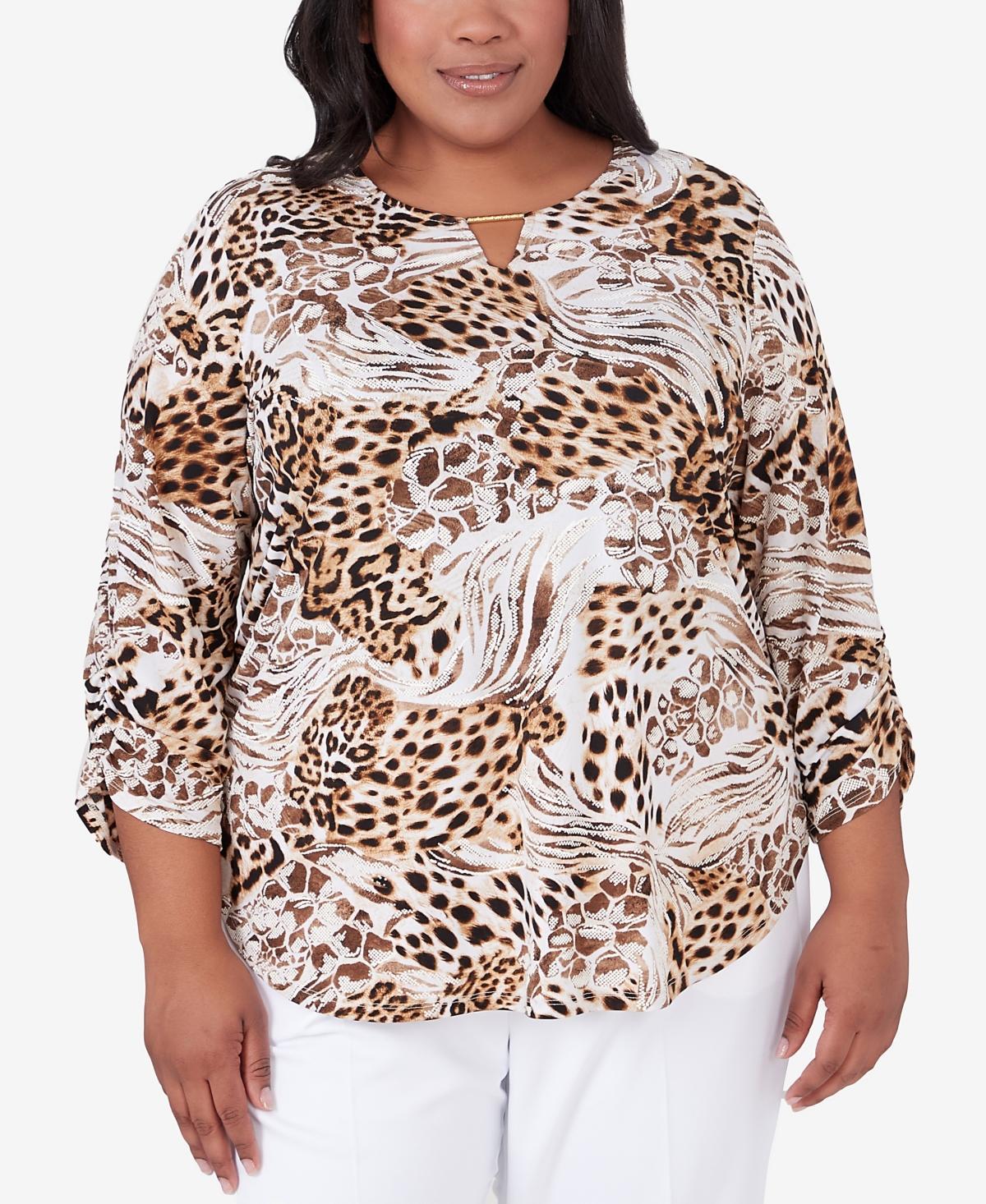 Plus Size Alfred Dunner Puff Print Mixed Animal Print Split Neck Top, Womens Product Image