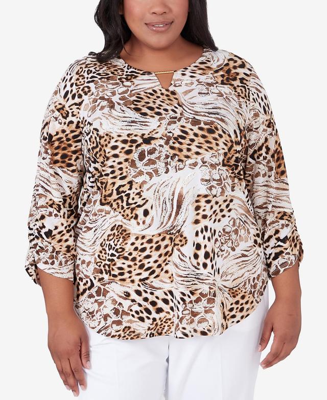 Alfred Dunner Plus Size Classic Puff Print Mixed Animal Print Split Neck Top Product Image