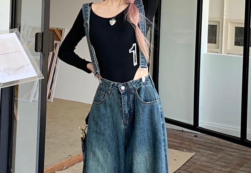 High Waist Cutout Washed Wide Leg Suspender Jeans Product Image