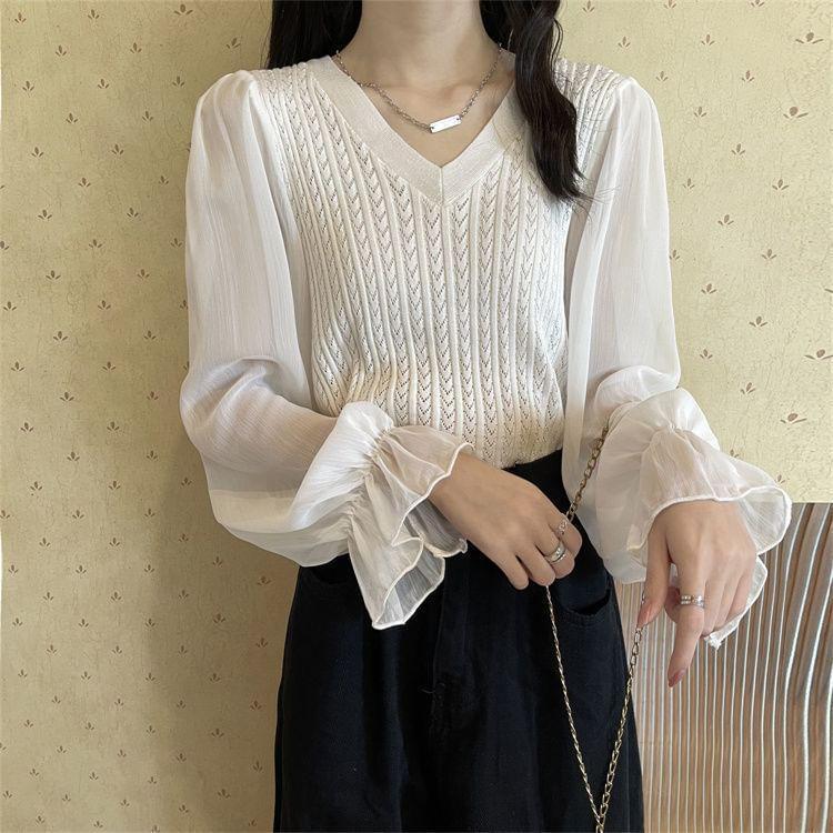 Long-Sleeve V-Neck Cable Knitted Panel Blouse Product Image