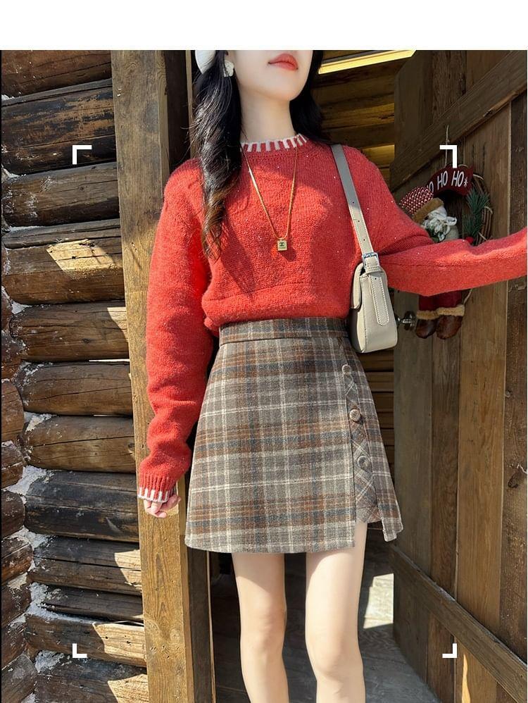 High Waist Plaid Asymmetrical Panel Mini A-Line Skirt Product Image