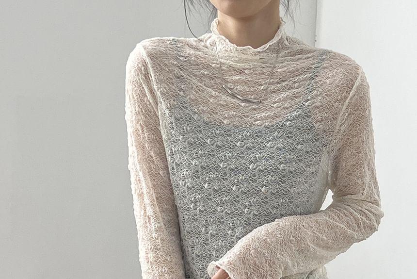 Long Sleeve Mock Neck Plain Lace Top Product Image