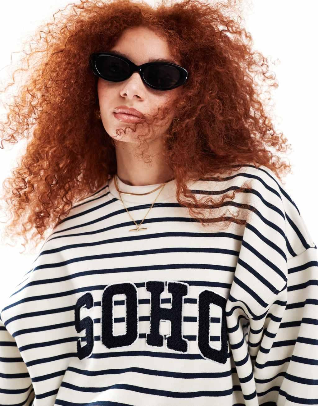 4th & Reckless boucle Soho logo sweatshirt in cream and navy stripe product image