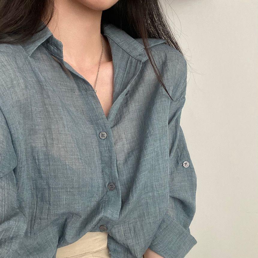 Long-Sleeve Sheer Cropped Shirt Product Image