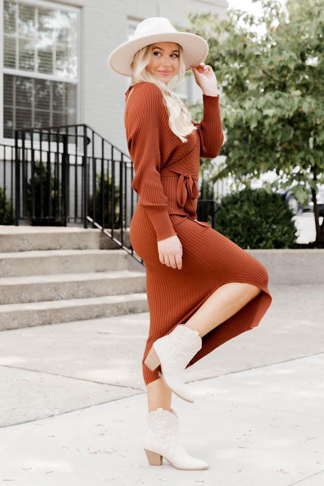 Main Event Burnt Orange Wrap Sweater Dress Product Image