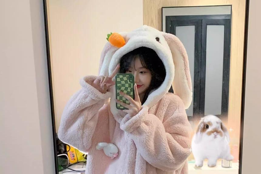 Rabbit Ear Hooded Fleece Pajama Robe Product Image