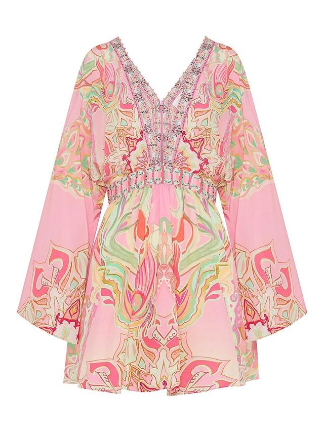 Womens Printed Silk Kimono-Inspired Minidress Product Image