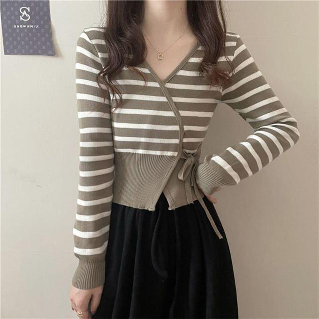 V-Neck Striped Wrap Sweater Product Image