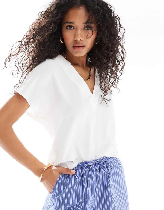 ASOS DESIGN V neck short sleeve top in ivory Product Image