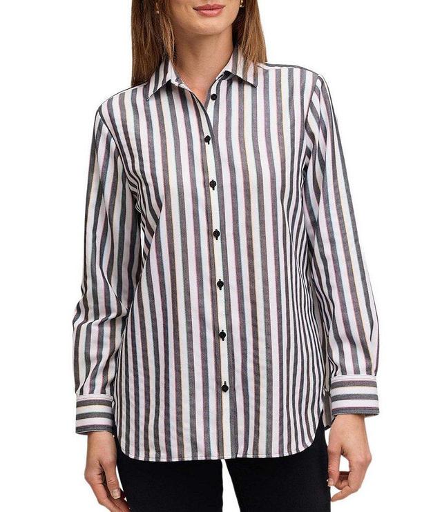 Foxcroft Frankie Stripe Collared Neckline Long Sleeve Top Product Image