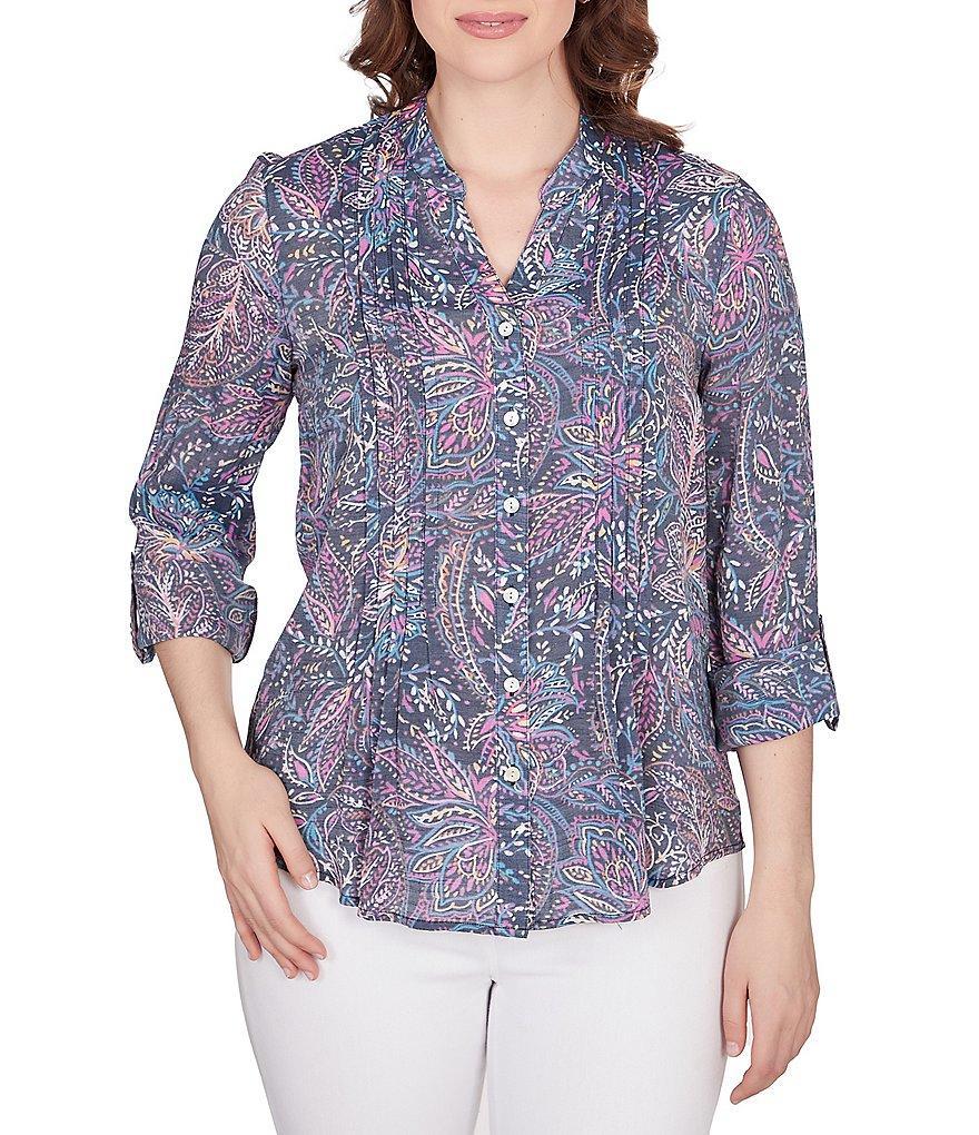 Ruby Rd. Batik Floral Print Woven Band Notch Neck Roll-Tab Sleeve Pleat Front Button Dow Top Product Image