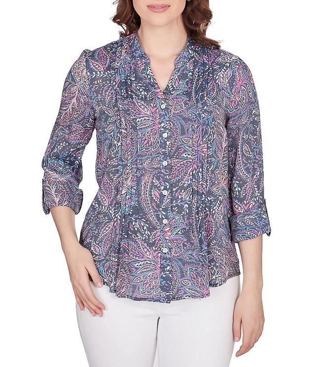 Ruby Rd. Batik Floral Print Woven Band Notch Neck Roll-Tab Sleeve Pleat Front Button Dow Top Product Image