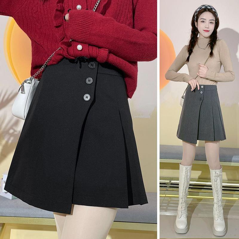 High Waist Plain Asymmetrical Pleated Button Front Skort Product Image