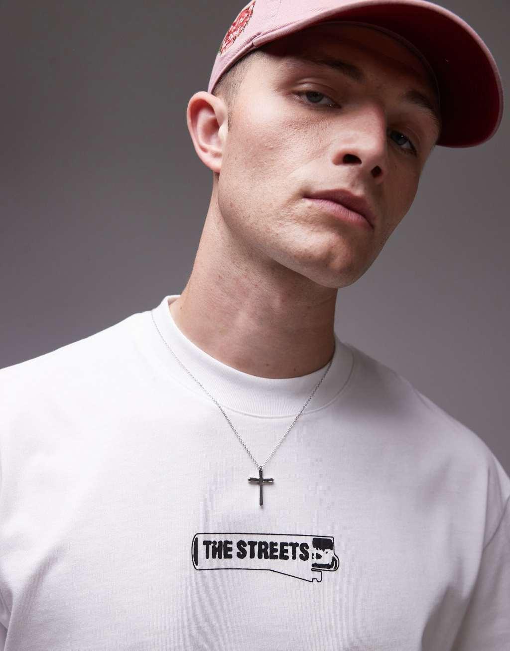 Topman The Streets premium oversized fit t-shirt with front and back print in white Product Image