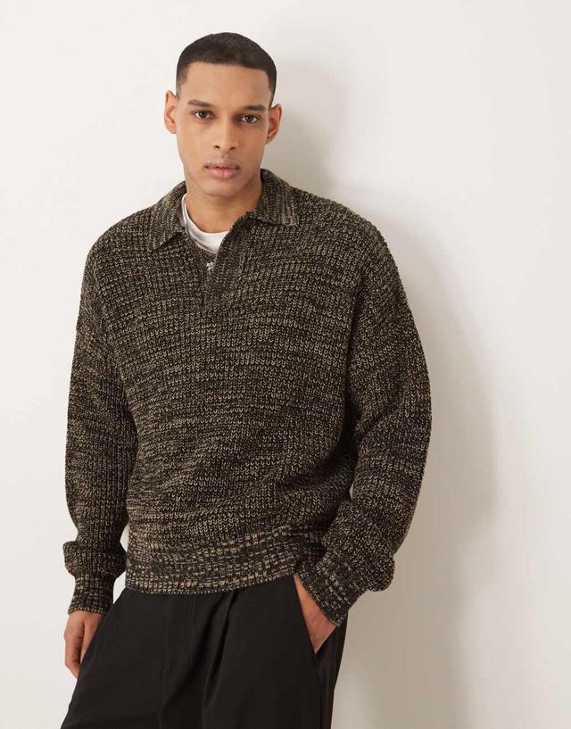 ASOS DESIGN oversized boxy fit knitted polo with snap placket in brown Product Image