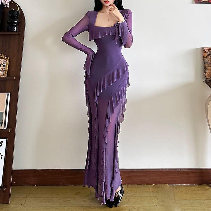 Long Sleeve Square Neck Plain Ruffle Panel Mesh Maxi Sheath Dress Product Image