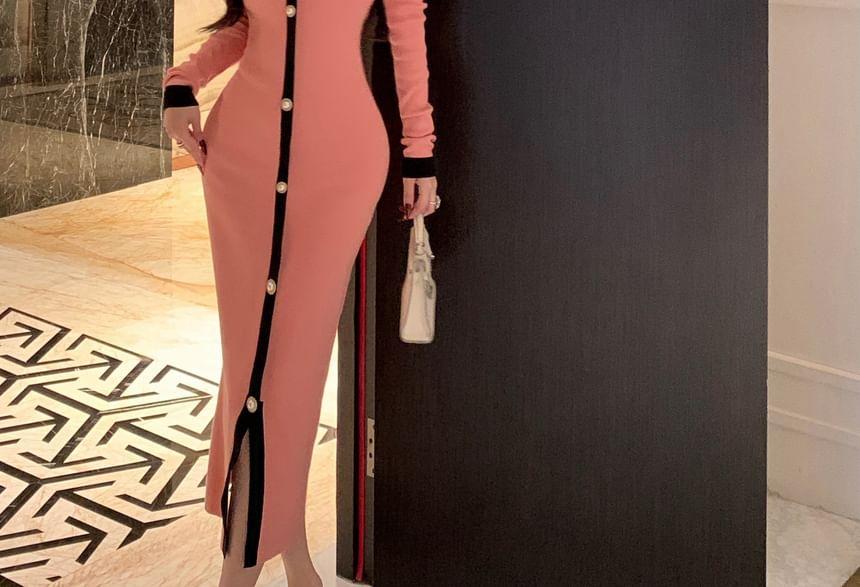 Long Sleeve Off Shoulder Two Tone Bodycon Midi Dress Product Image