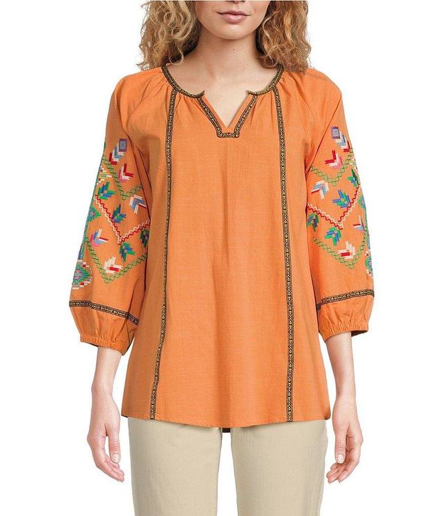 Calessa Embroidered Crinkled Floral Print Split-V Neck Long Sleeve Tunic Product Image