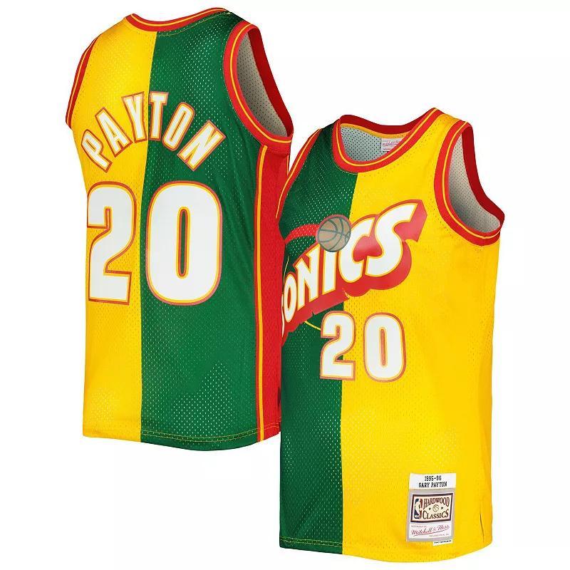 Mens Mitchell & Ness Gary Payton Green/Gold Seattle SuperSonics Hardwood Classics 1995-96 Split Swingman Jersey Product Image