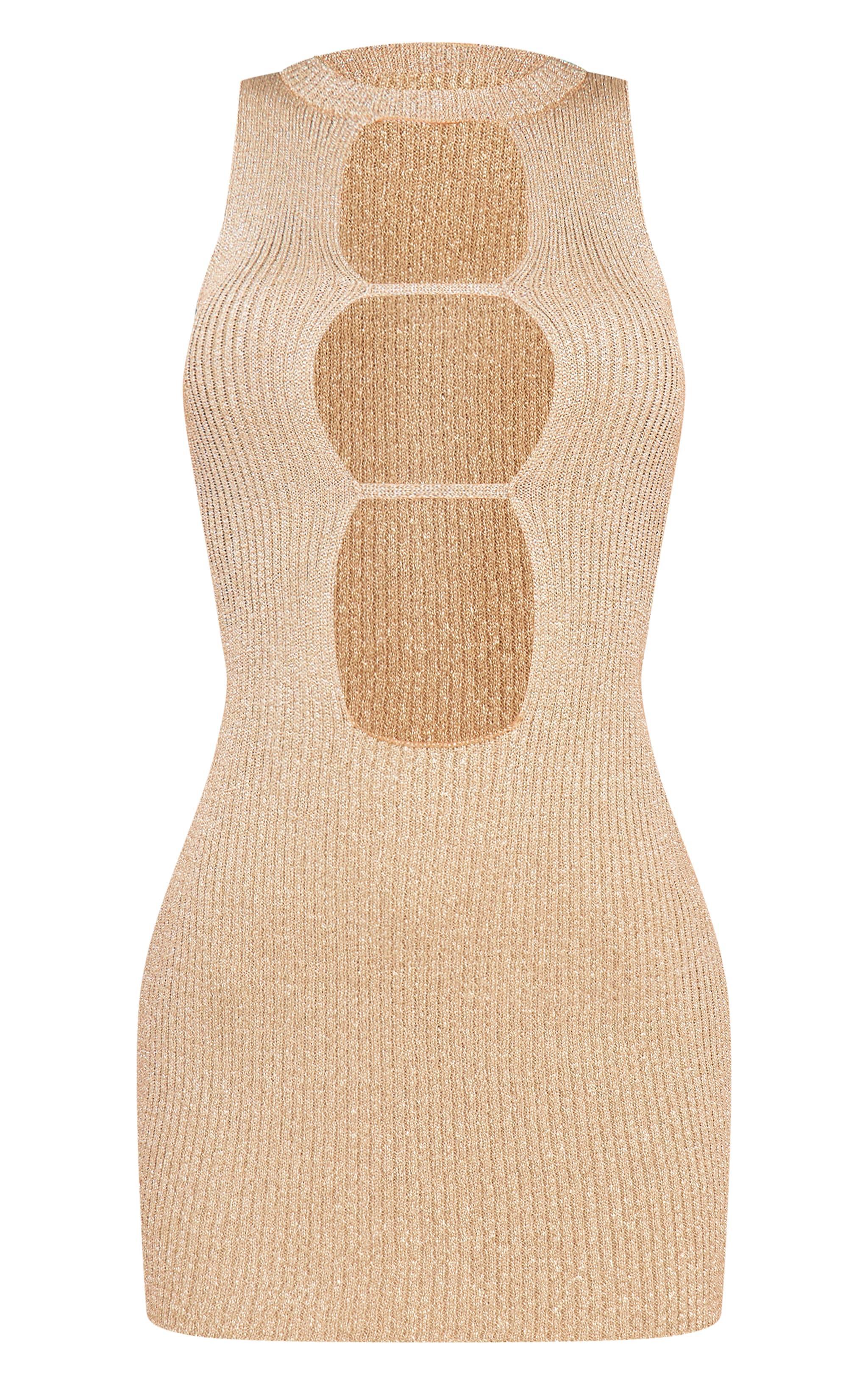 Gold Glitter Knit Ribbed Front Cut Out Mini Dress Product Image