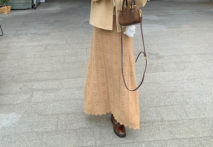 Round Neck Plain Button-Up Jacket / High Waist Lace Midi A-Line Skirt / Long-Sleeve Asymmetrical Ruffle Trim Knit Top / Skinny Scarf / Set Product Image