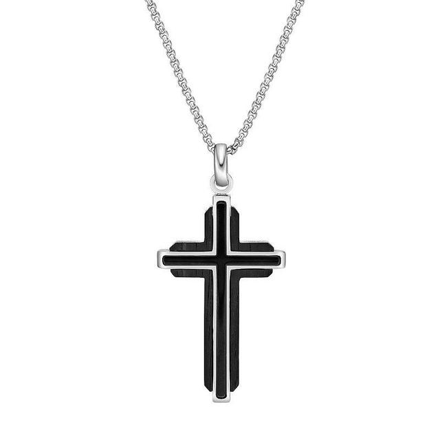 Mens LYNX Stainless Steel & Black Wood Cross Pendant Necklace Two Tone Product Image