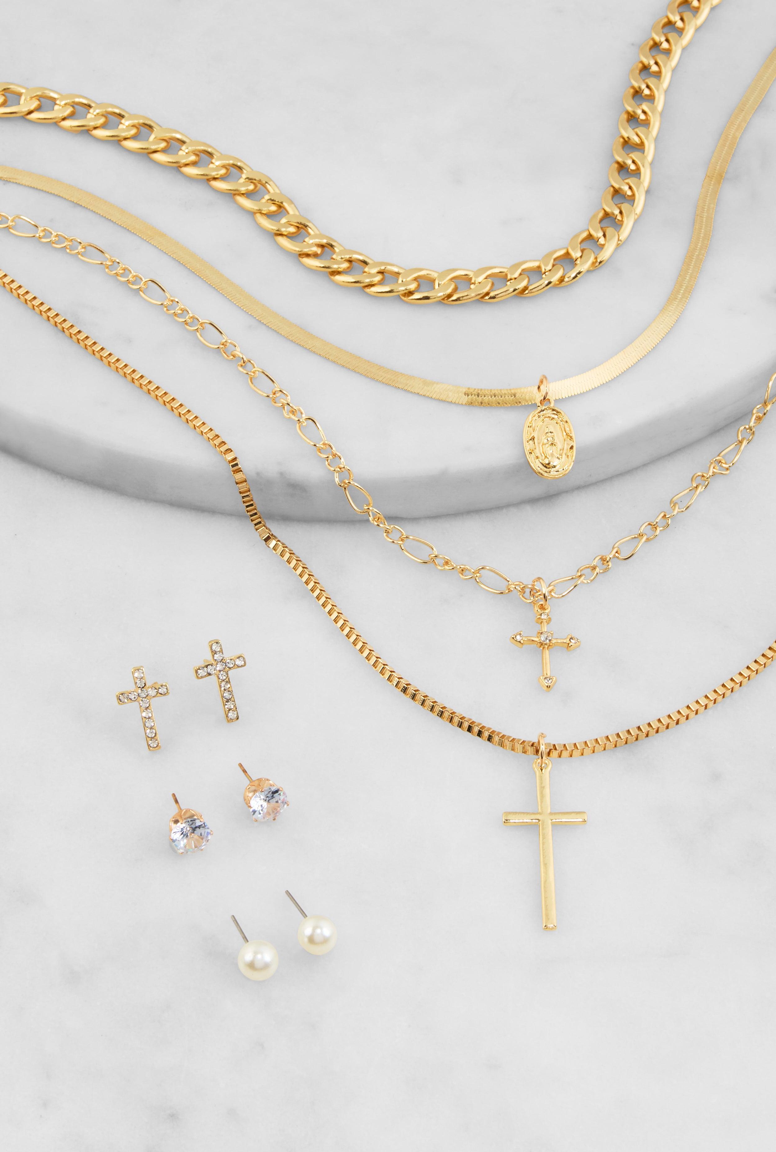 Womens Cross Charm Layered Necklace with Stud Earrings Product Image