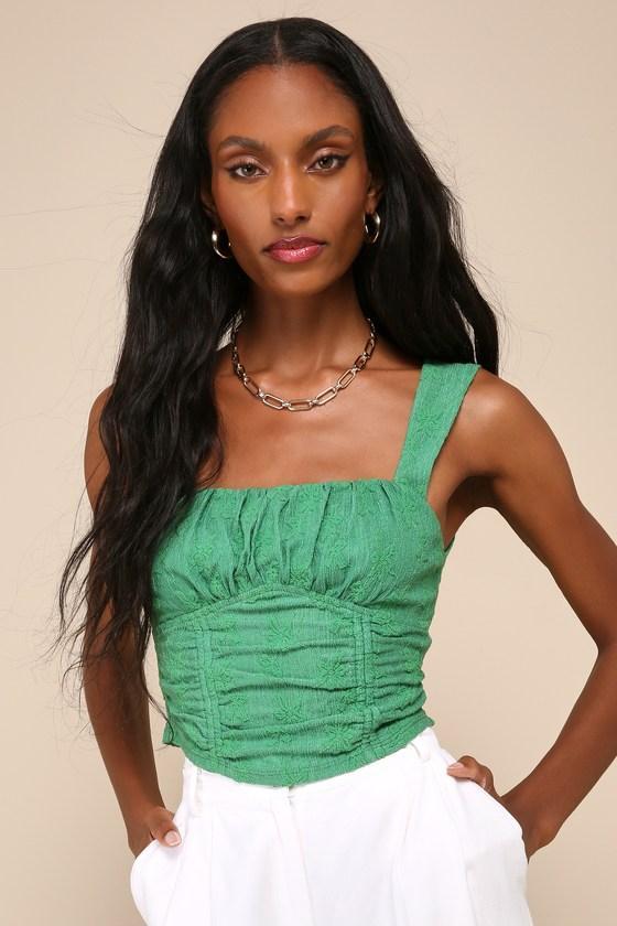 Adorable Always Green Textured Embroidered Sleeveless Crop Top Product Image