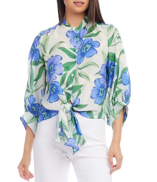 Karen Kane Linen Blend Floral Print Banded Collar 3/4 Sleeve Tie Front Blouse Product Image