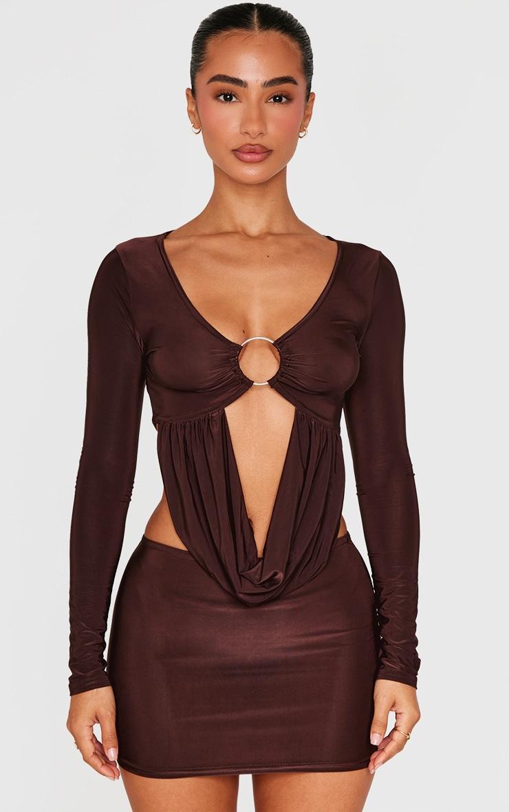 Petite Chocolate Slinky Drape Long Sleeve Crop Top Product Image