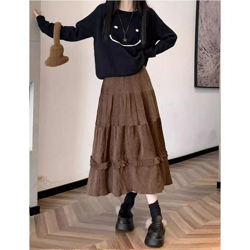 High Rise Plain Frill Trim Corduroy Midi A-Line Skirt Product Image