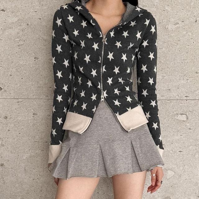 Long Sleeve Zip Up Star Print Cropped Hoodie Product Image