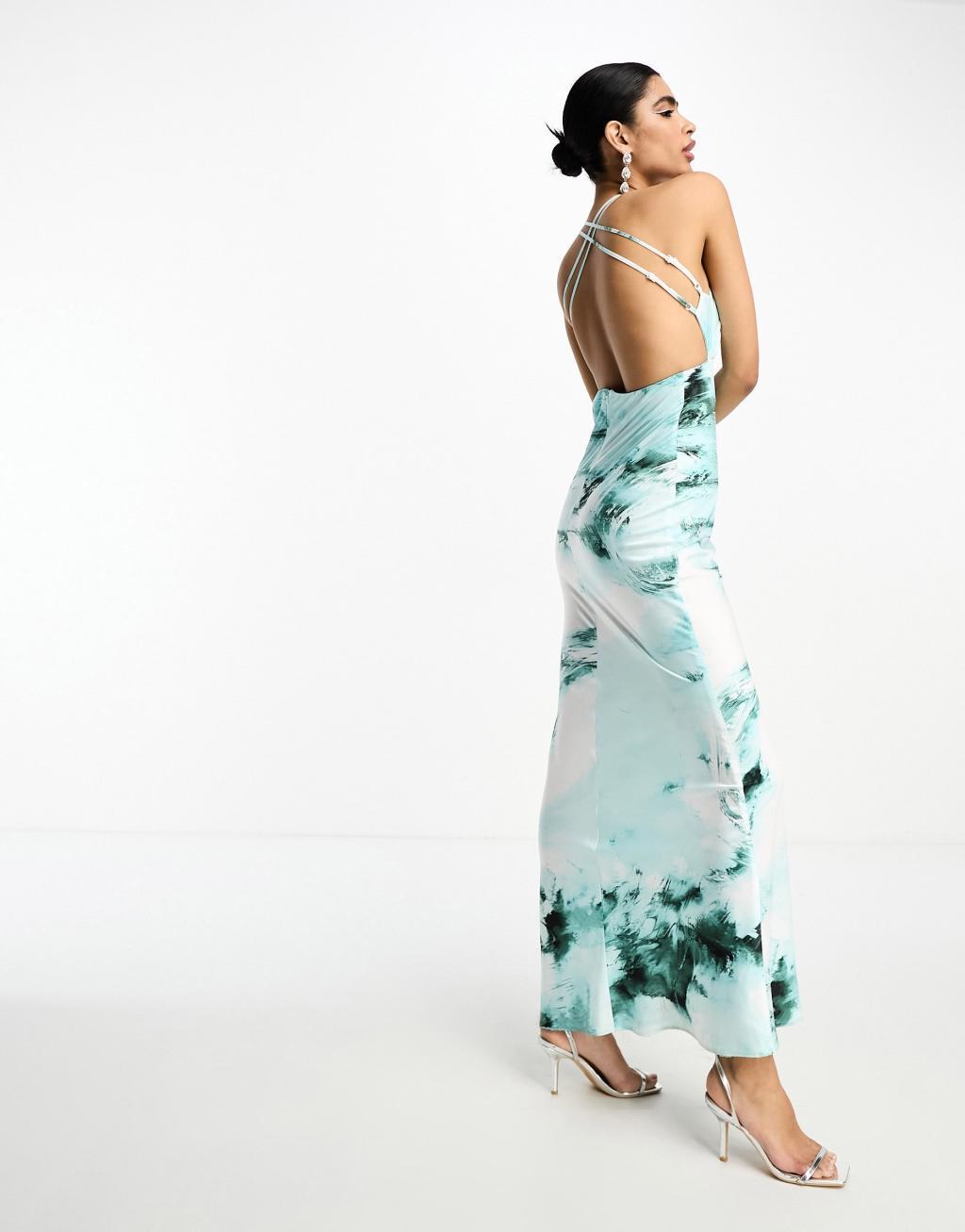 ASOS DESIGN satin cut out detail bust maxi dress in blue watercolor print Product Image