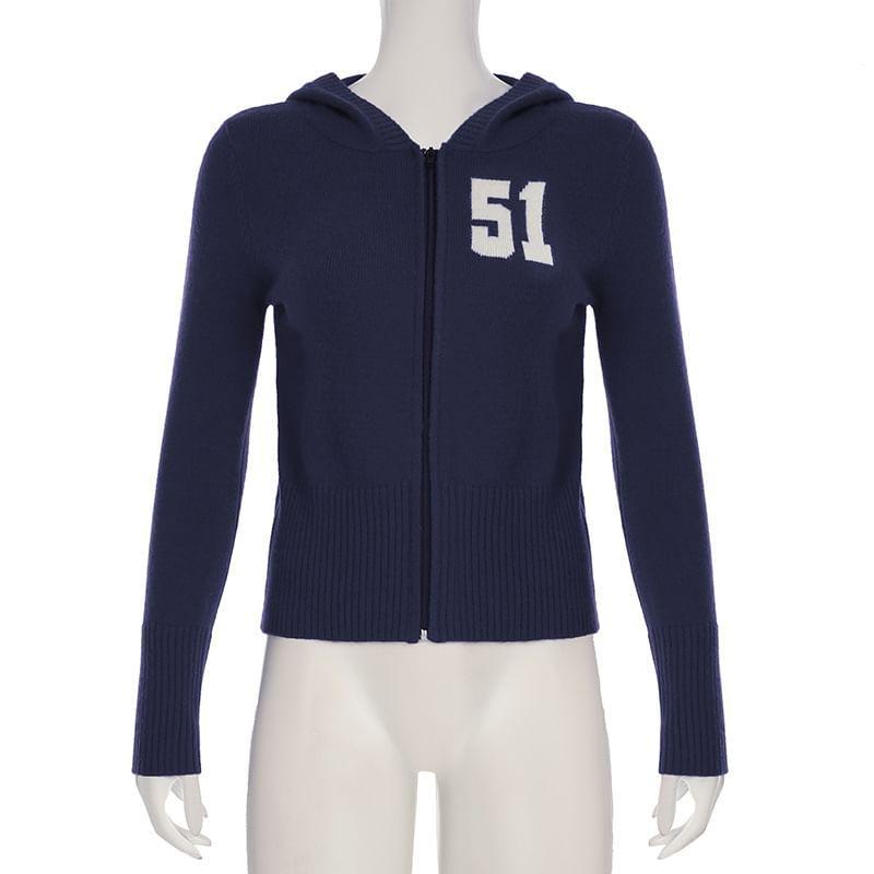 Collared Numbering Knitted Zip Up Cardigan Product Image