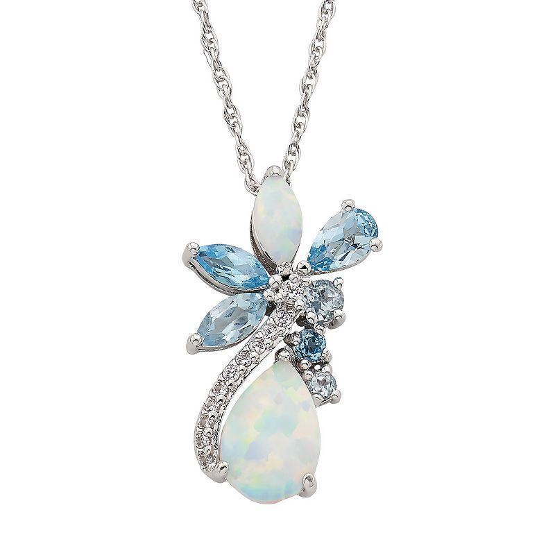 Sterling Silver Lab-Created Opal & Blue Topaz Cluster Pendant Necklace, Womens Product Image