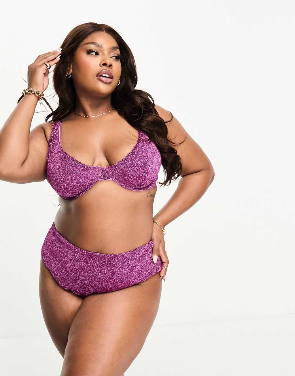 ASOS DESIGN Curve mix and match glitter underwired bikini top in pink  Product Image