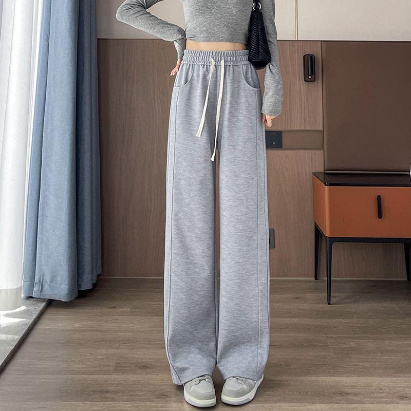 Drawstring Waist Plain Panel Wide Leg Sweatpants Product Image