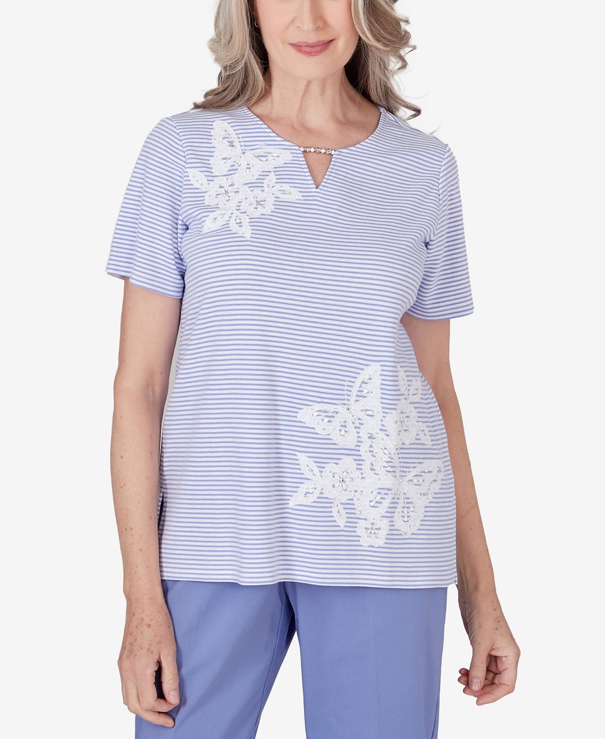 Alfred Dunner Womens Summer Breeze Mini Stripes T-shirt with Butterfly Lace Detail Product Image