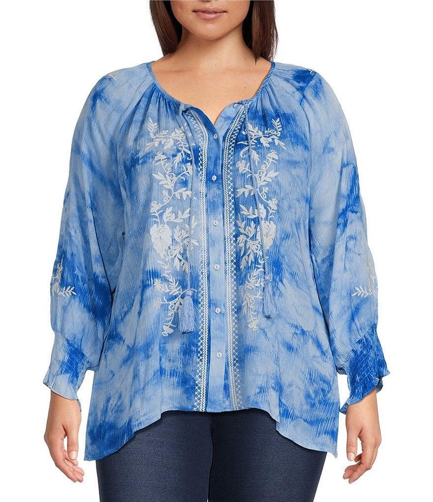 Calessa Plus Size Embroidered Tie Dye Split V-Neck 3/4 Sleeve Tunic Product Image